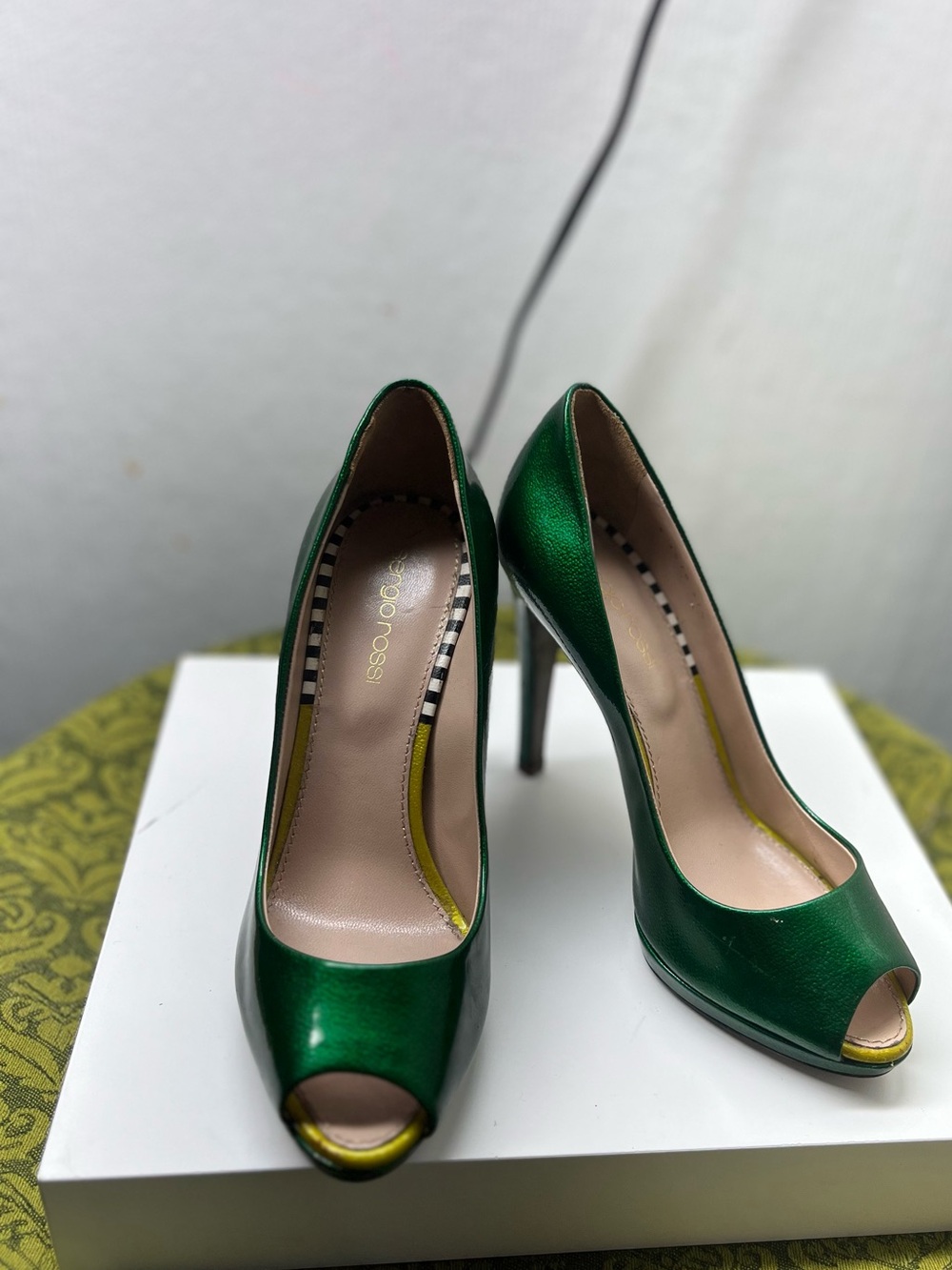 Sergio Rossi Metallic Emerald Green Peep-Toe Stilettos